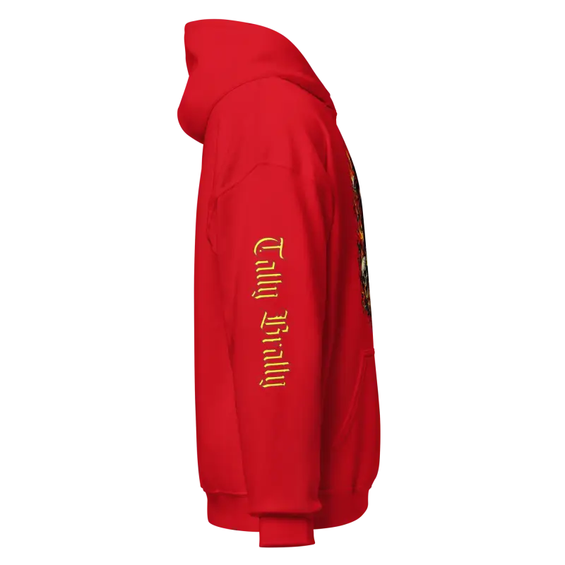 Red hoodie with sleeve embroidery.