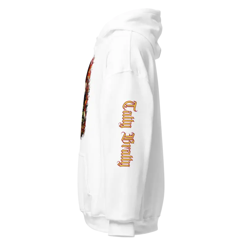 White hooded sweatshirt.
