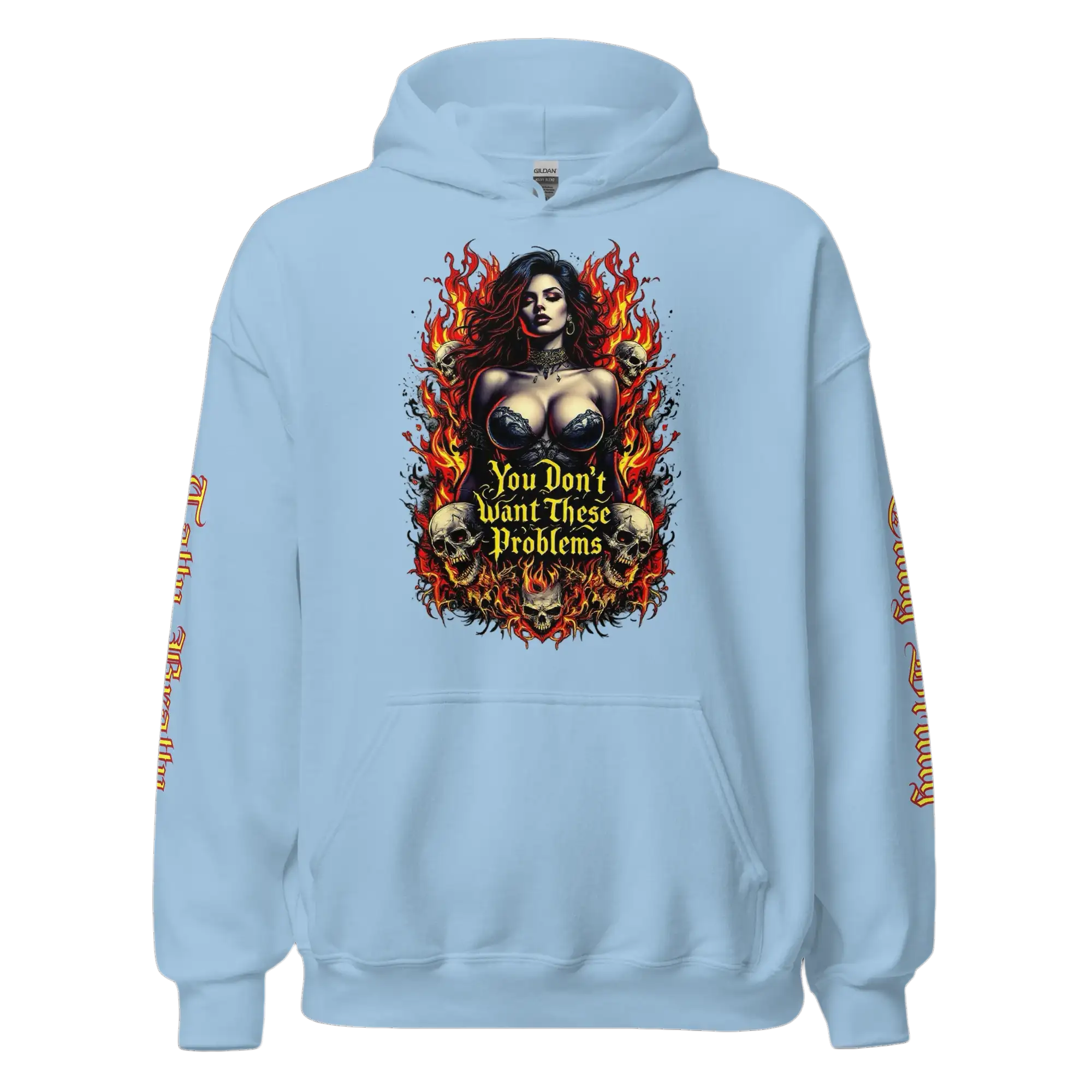 Light blue hoodie with a fiery woman graphic.