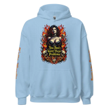 Light blue hoodie with a fiery woman graphic.