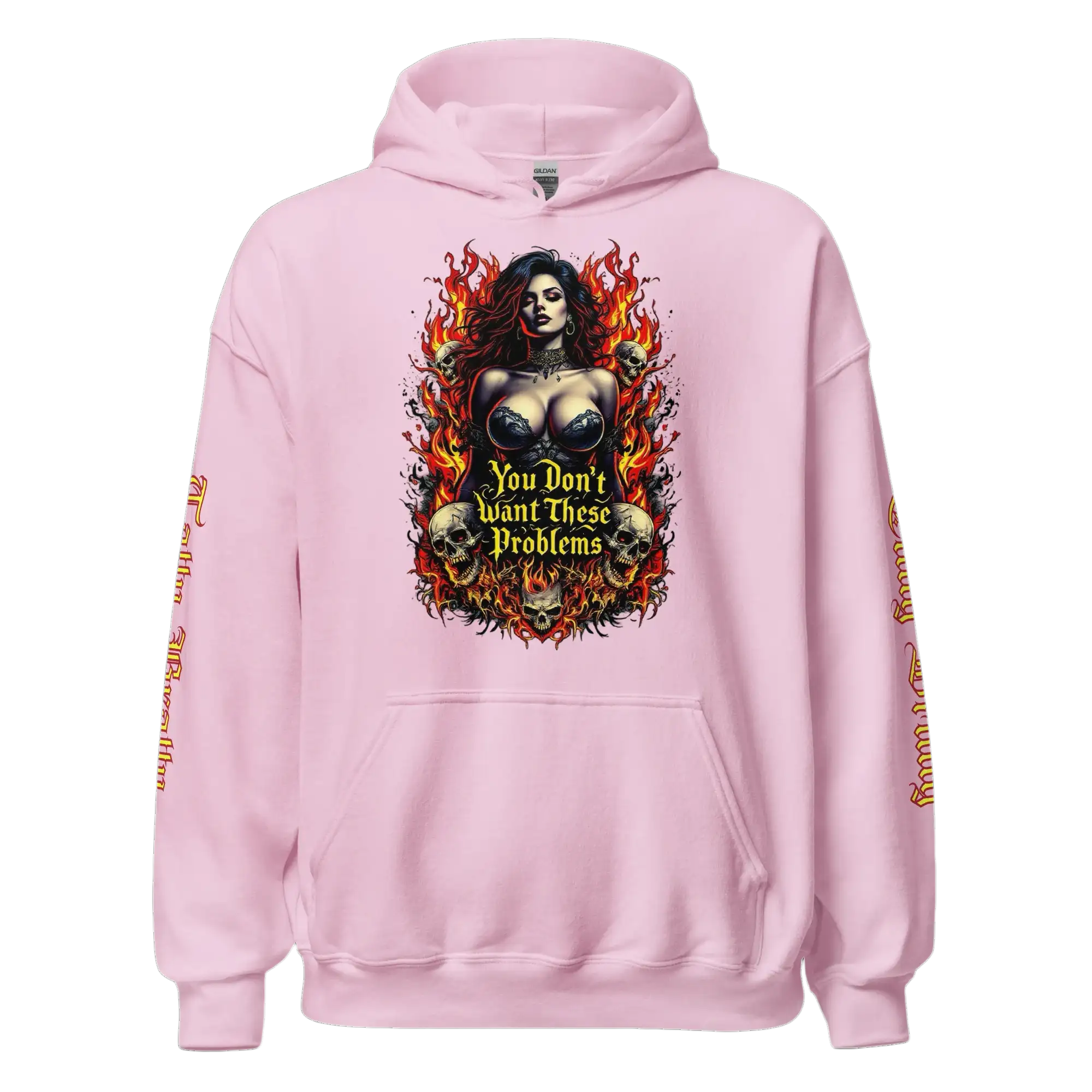Pink hoodie with a fiery graphic.