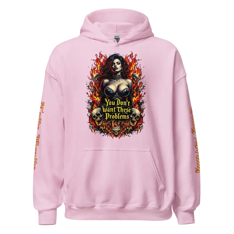 Pink hoodie with a fiery graphic.