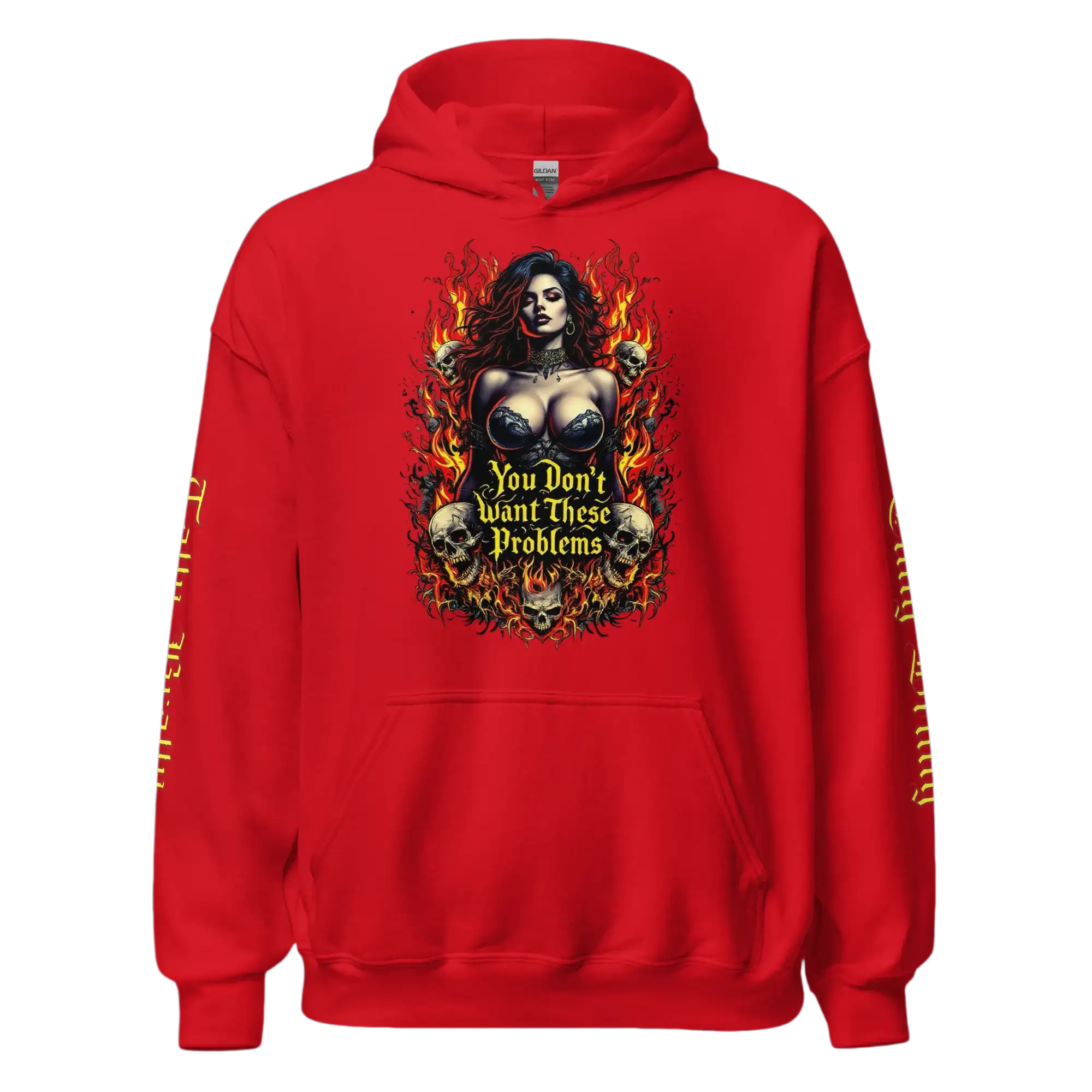 Red hoodie with a woman and skulls graphic.