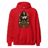 Red hoodie with a woman and skulls graphic.