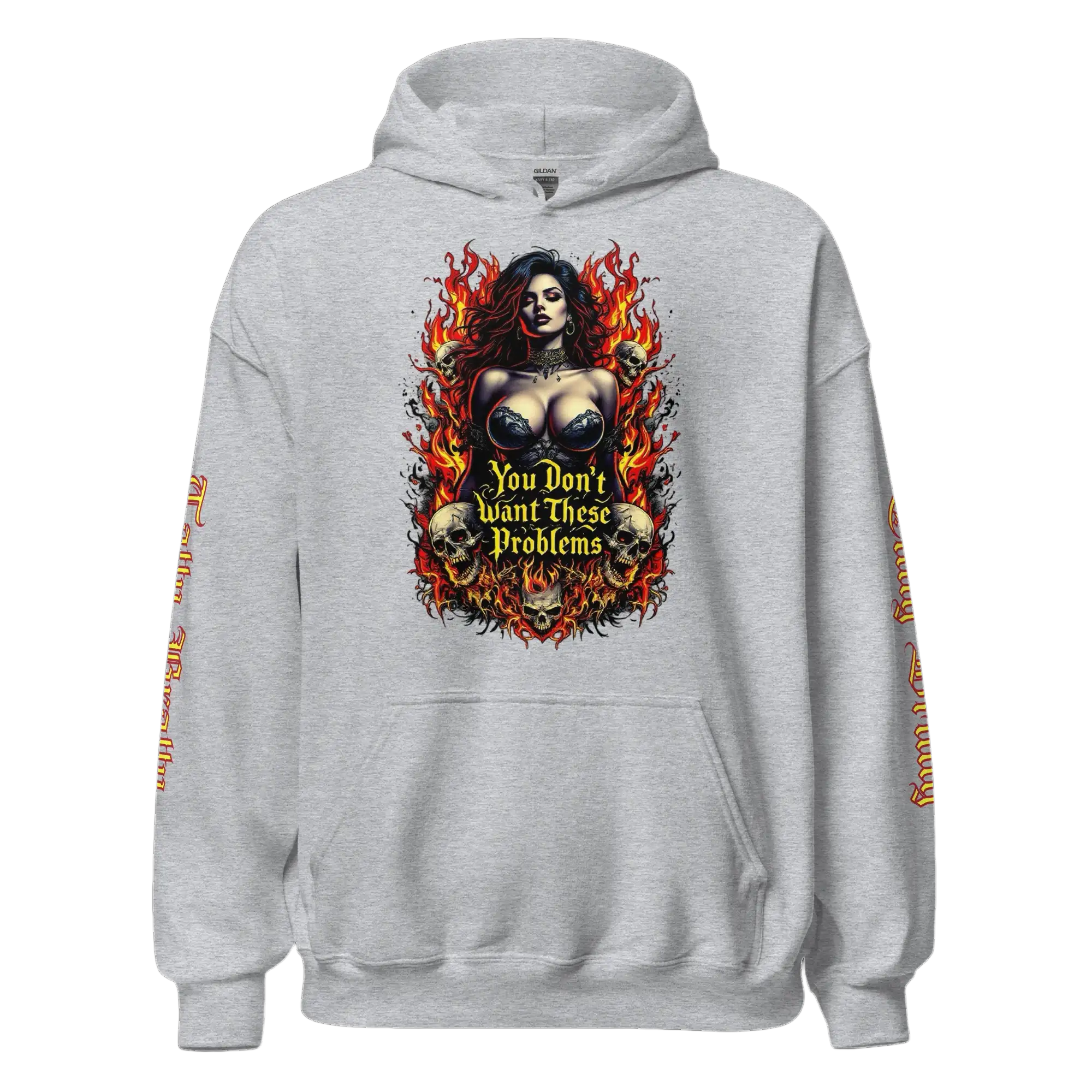 Gray hoodie with a fiery woman graphic.