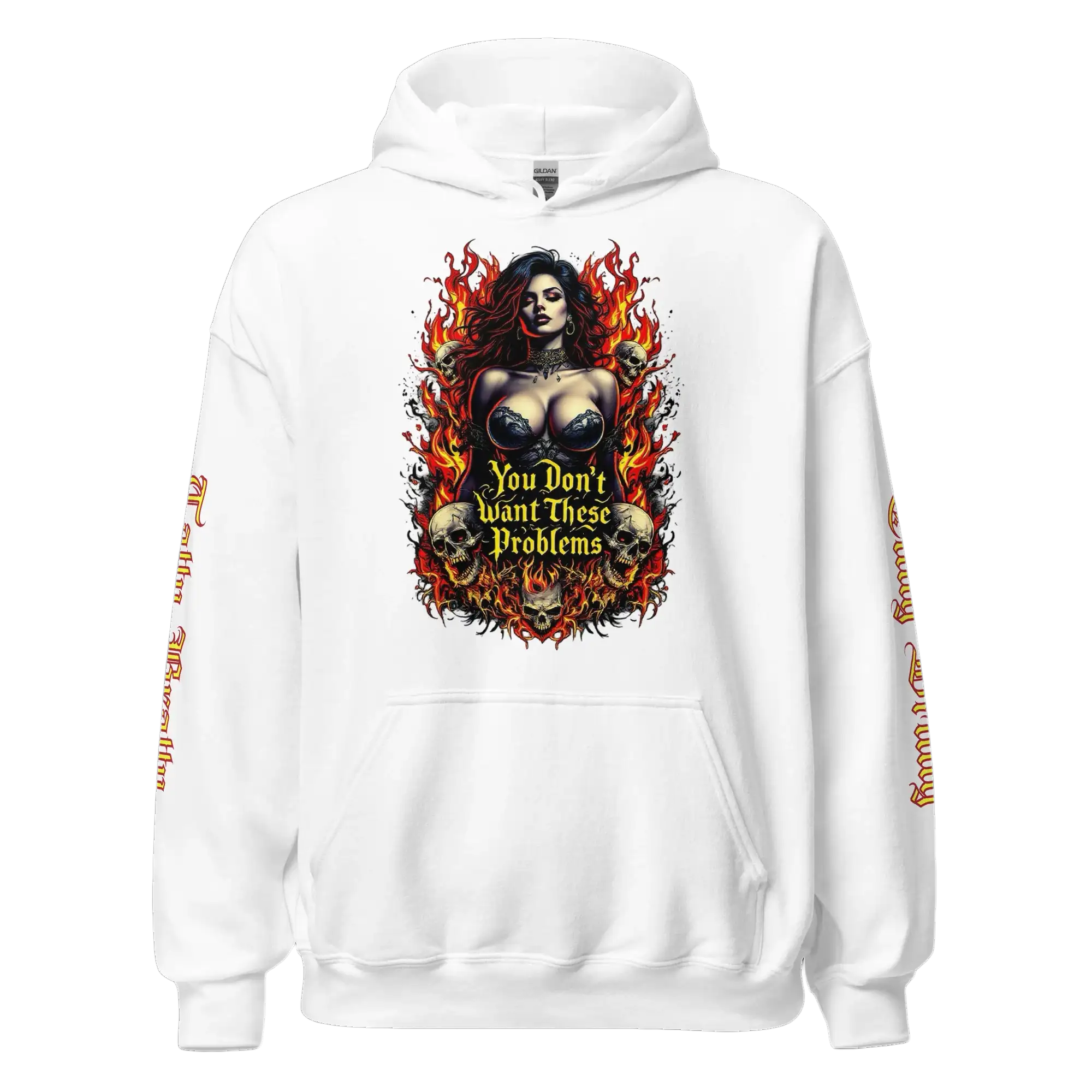 White hoodie with a fiery woman and skulls design.