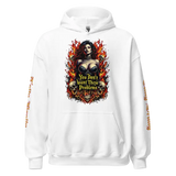White hoodie with a fiery woman and skulls design.