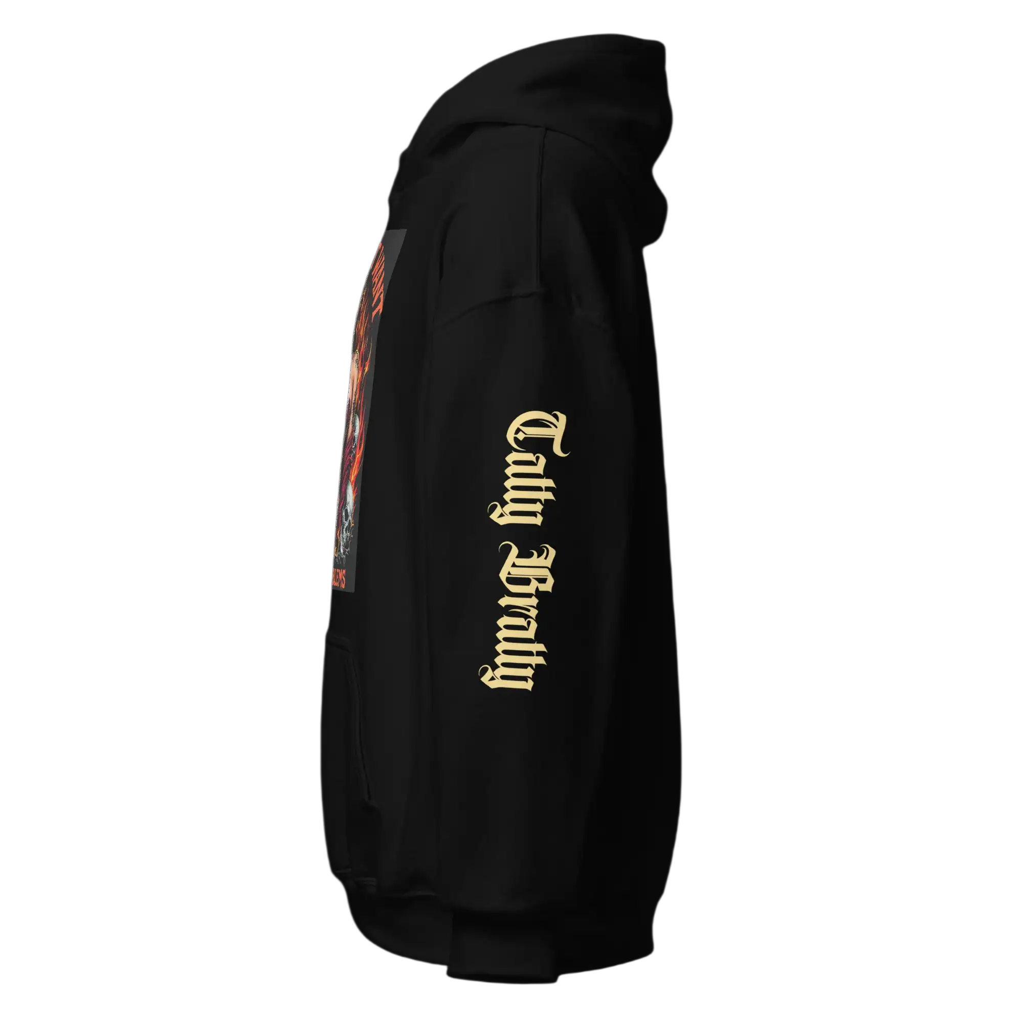 Black hoodie with sleeve graphic.