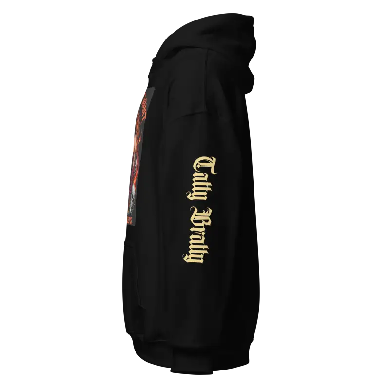 Black hoodie with sleeve graphic.