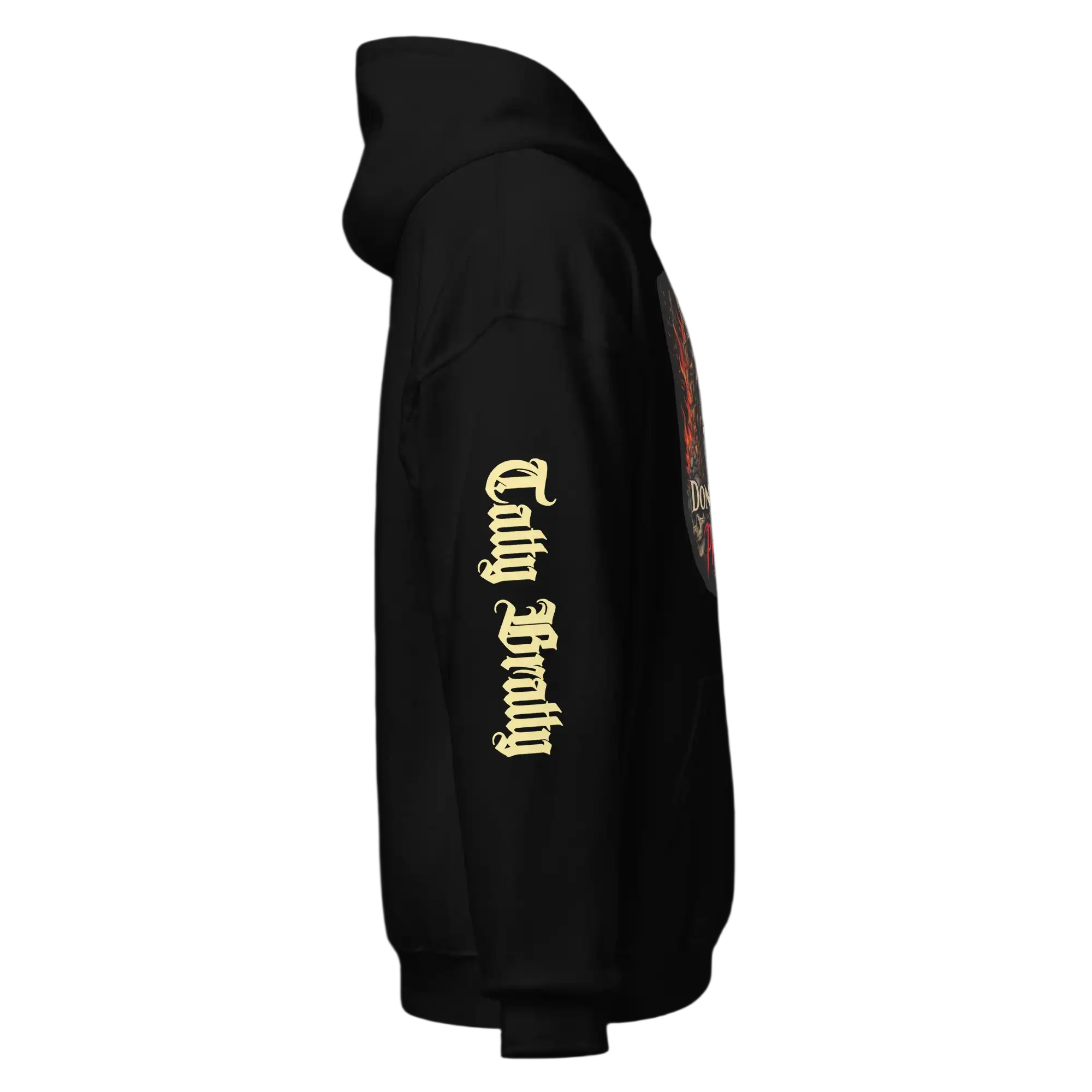 Black hoodie with sleeve text.