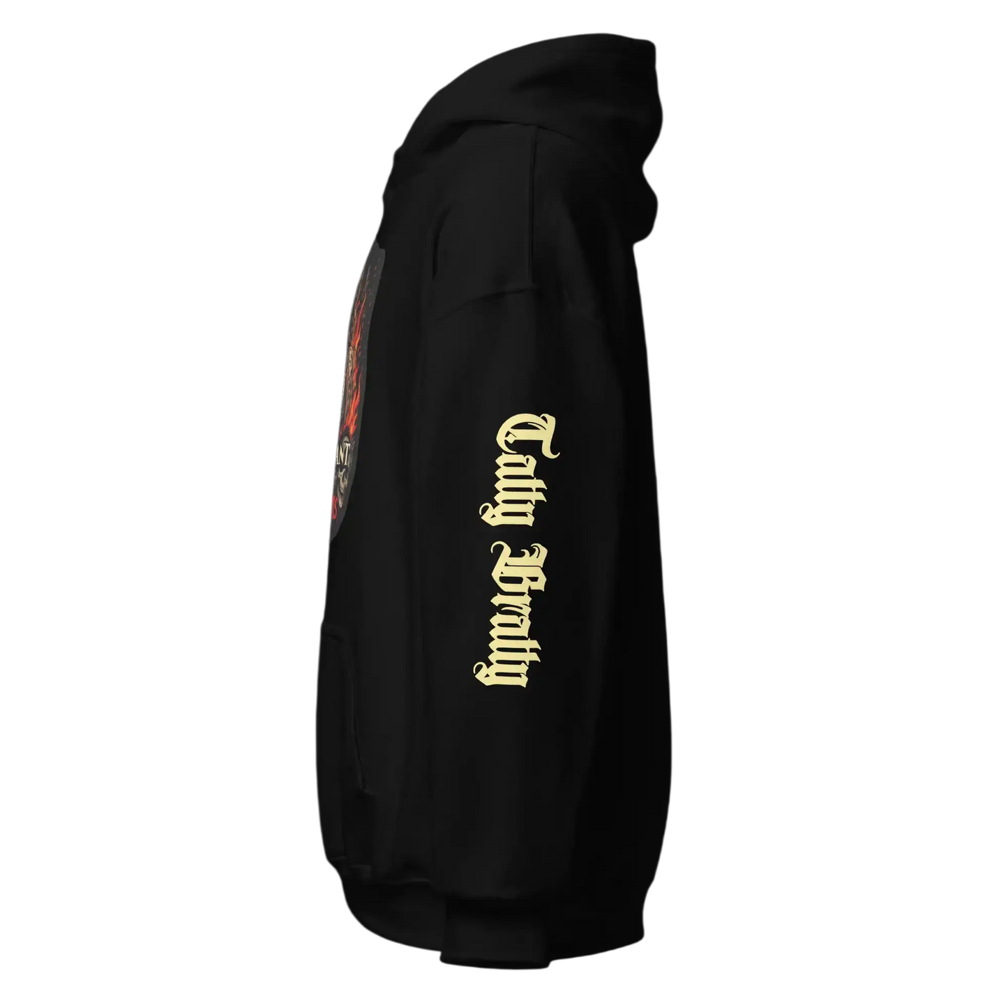 Black hoodie with sleeve text.