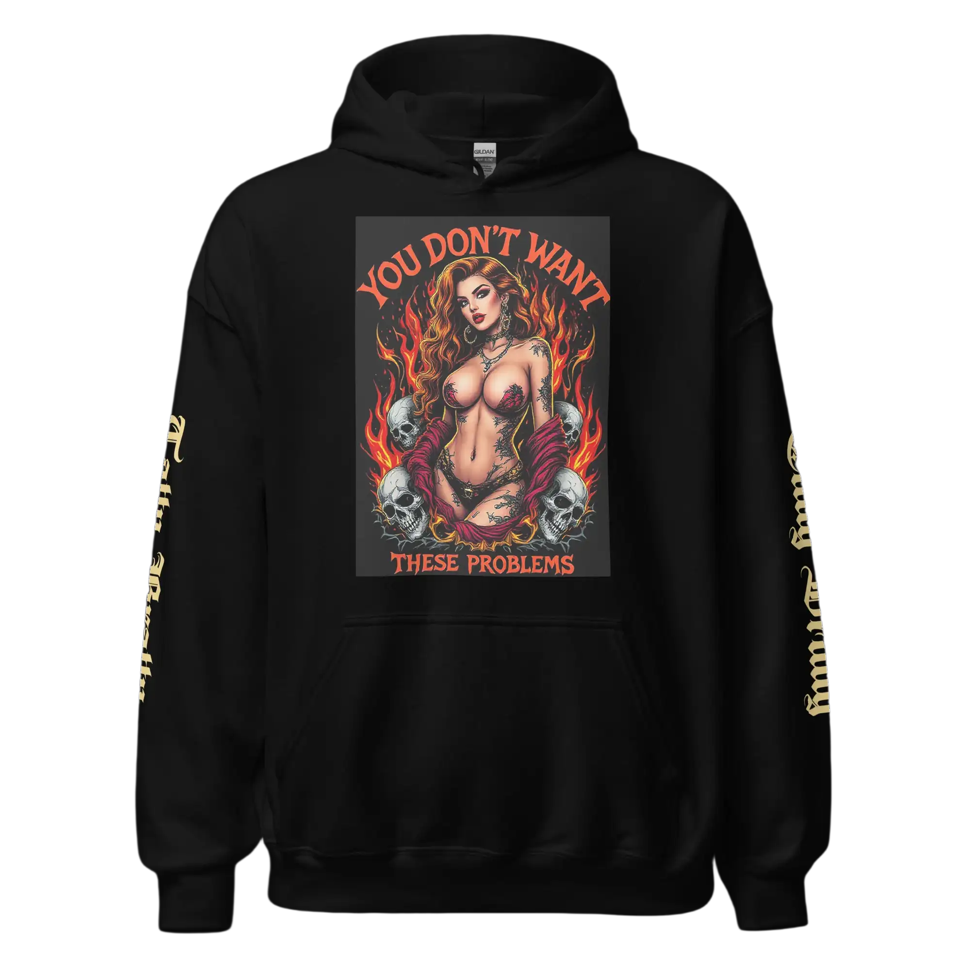Black hoodie with provocative graphic.