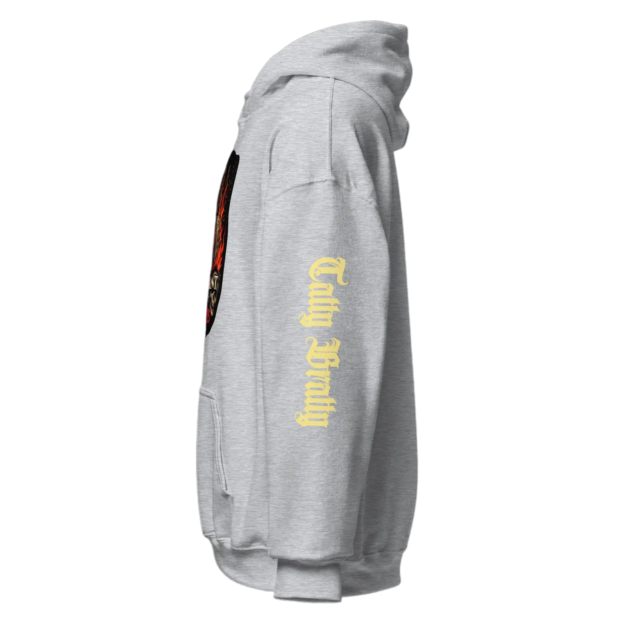 Gray hooded sweatshirt.