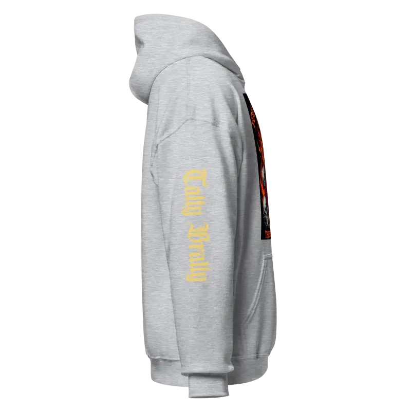 Gray hooded sweatshirt.