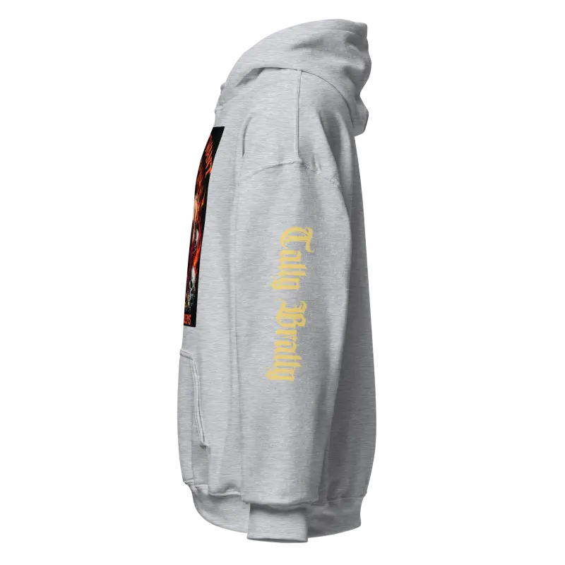 Gray hooded sweatshirt.