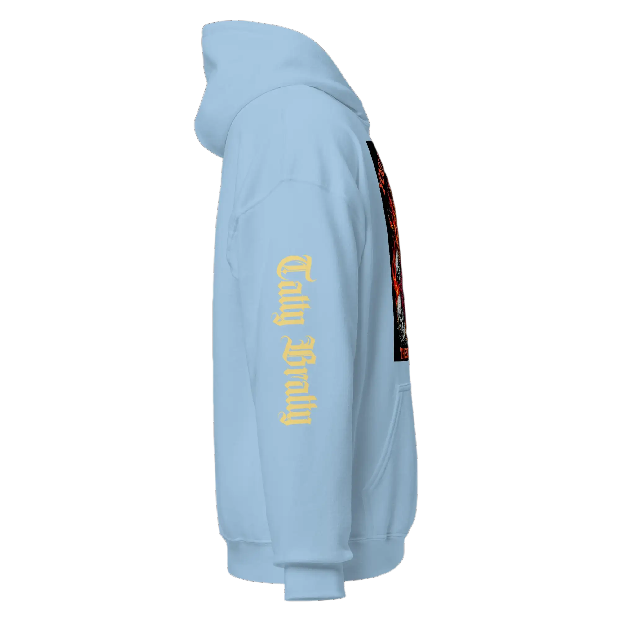 Light blue hoodie.
