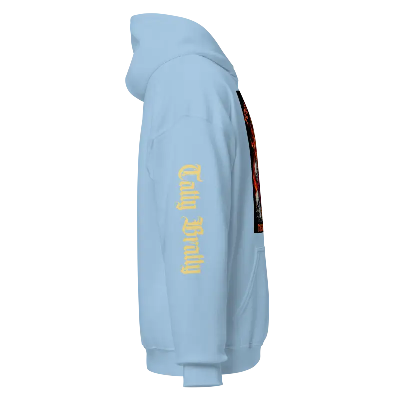 Light blue hoodie.