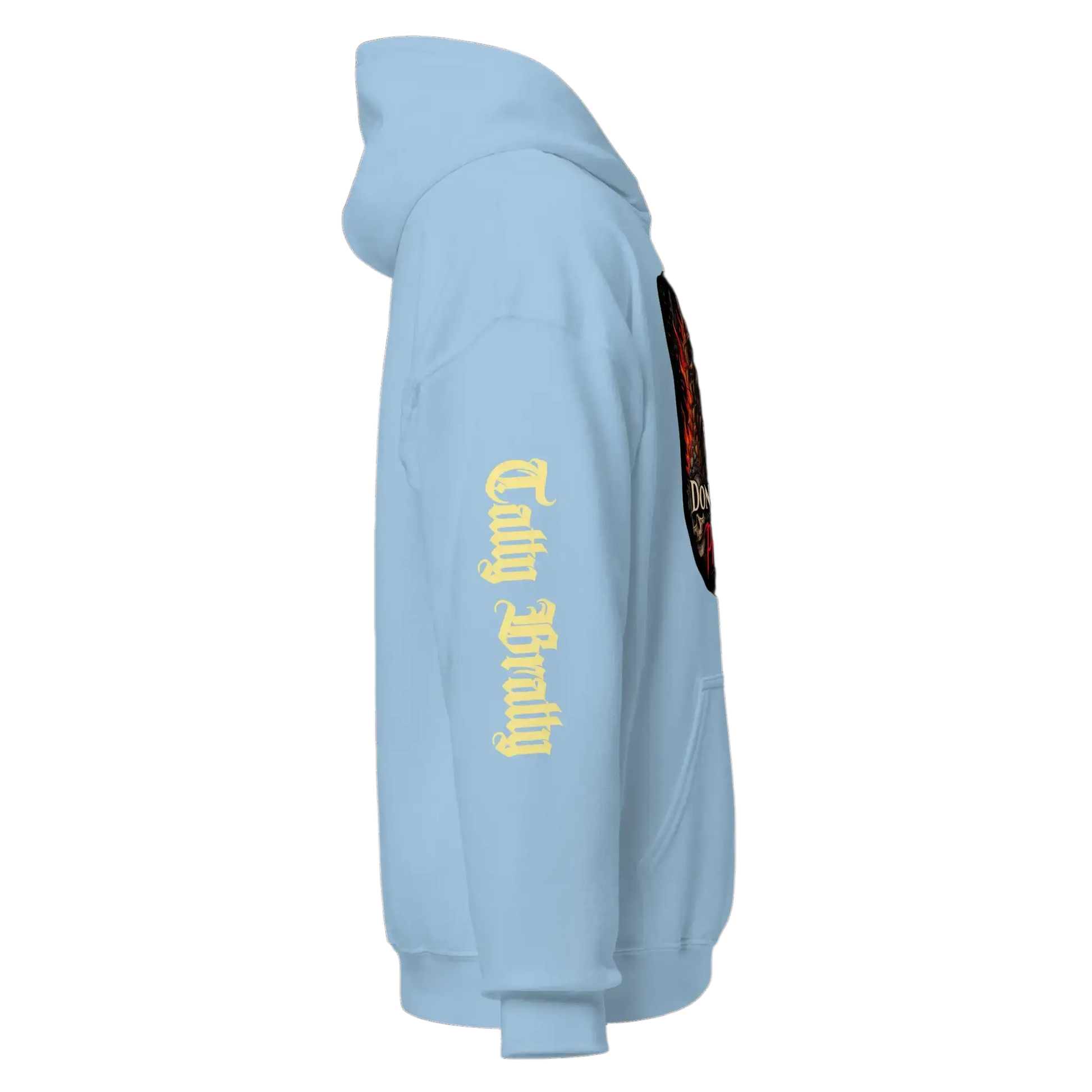 Light blue hoodie.