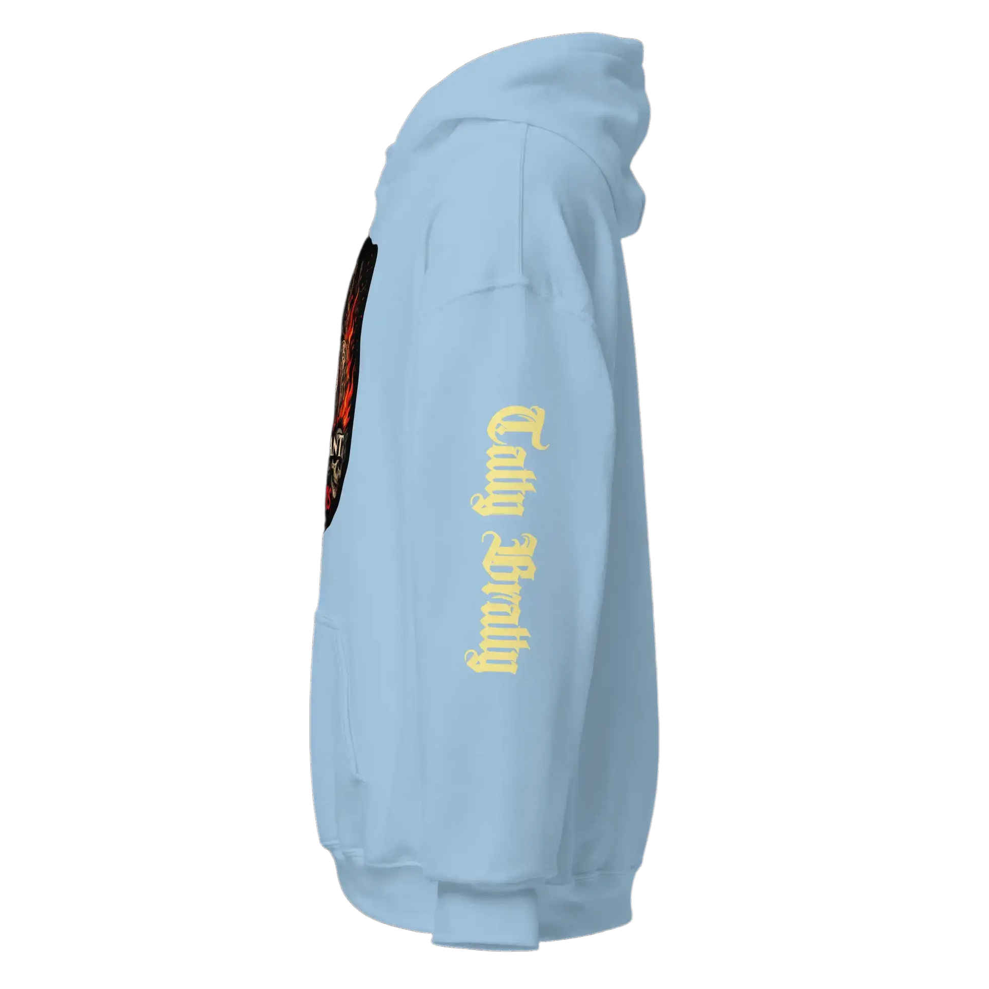 Light blue hoodie.