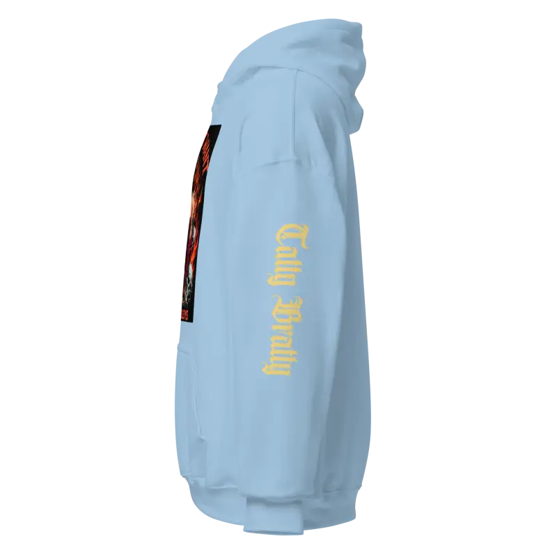 Light blue hoodie.
