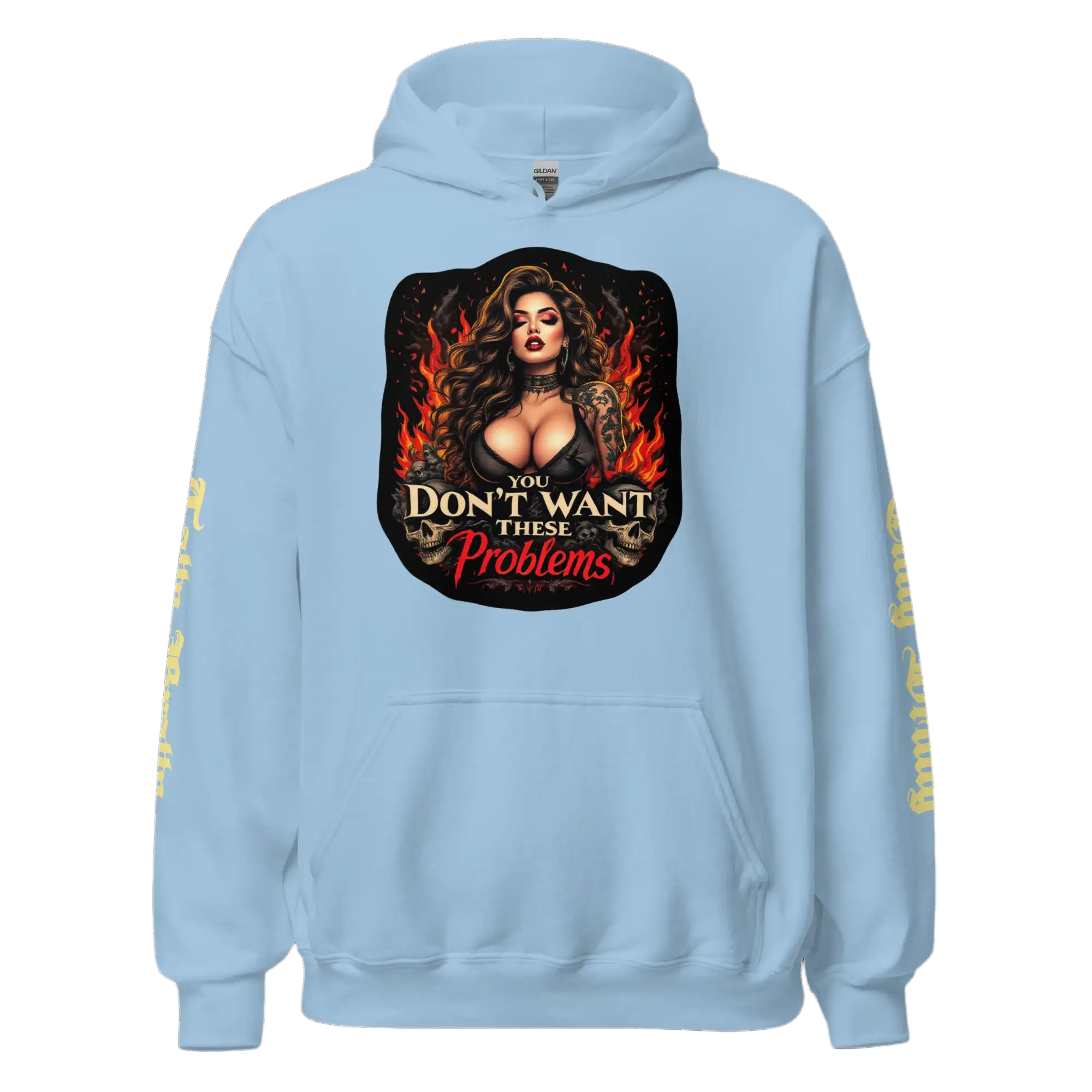 Light blue hoodie with graphic.