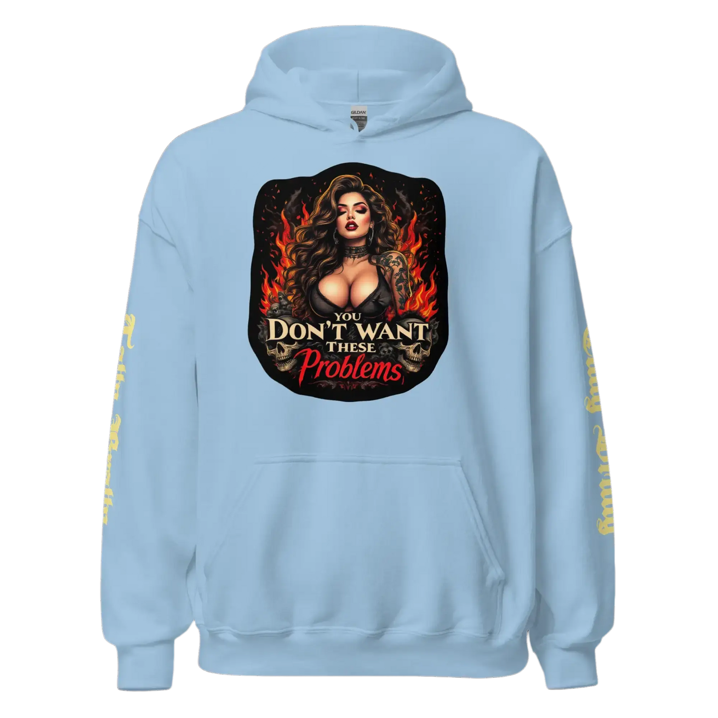 Light blue hoodie with graphic.