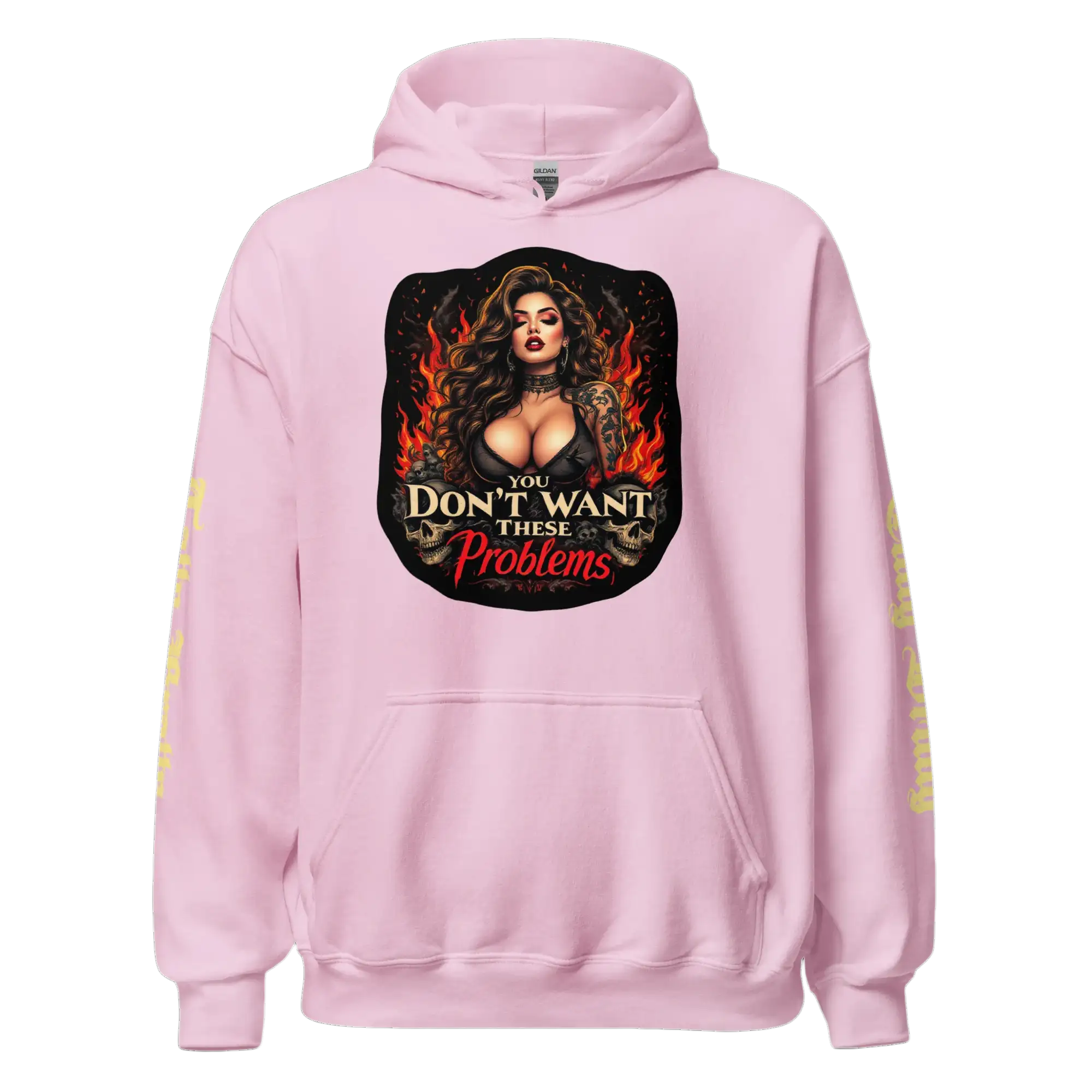 Pink hoodie with a woman and flames graphic.