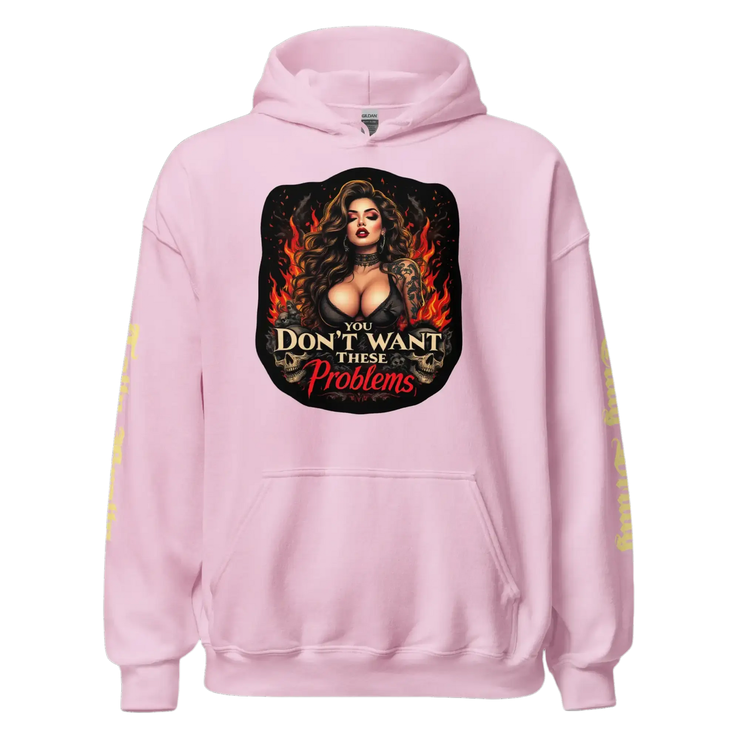 Pink hoodie with a woman and flames graphic.