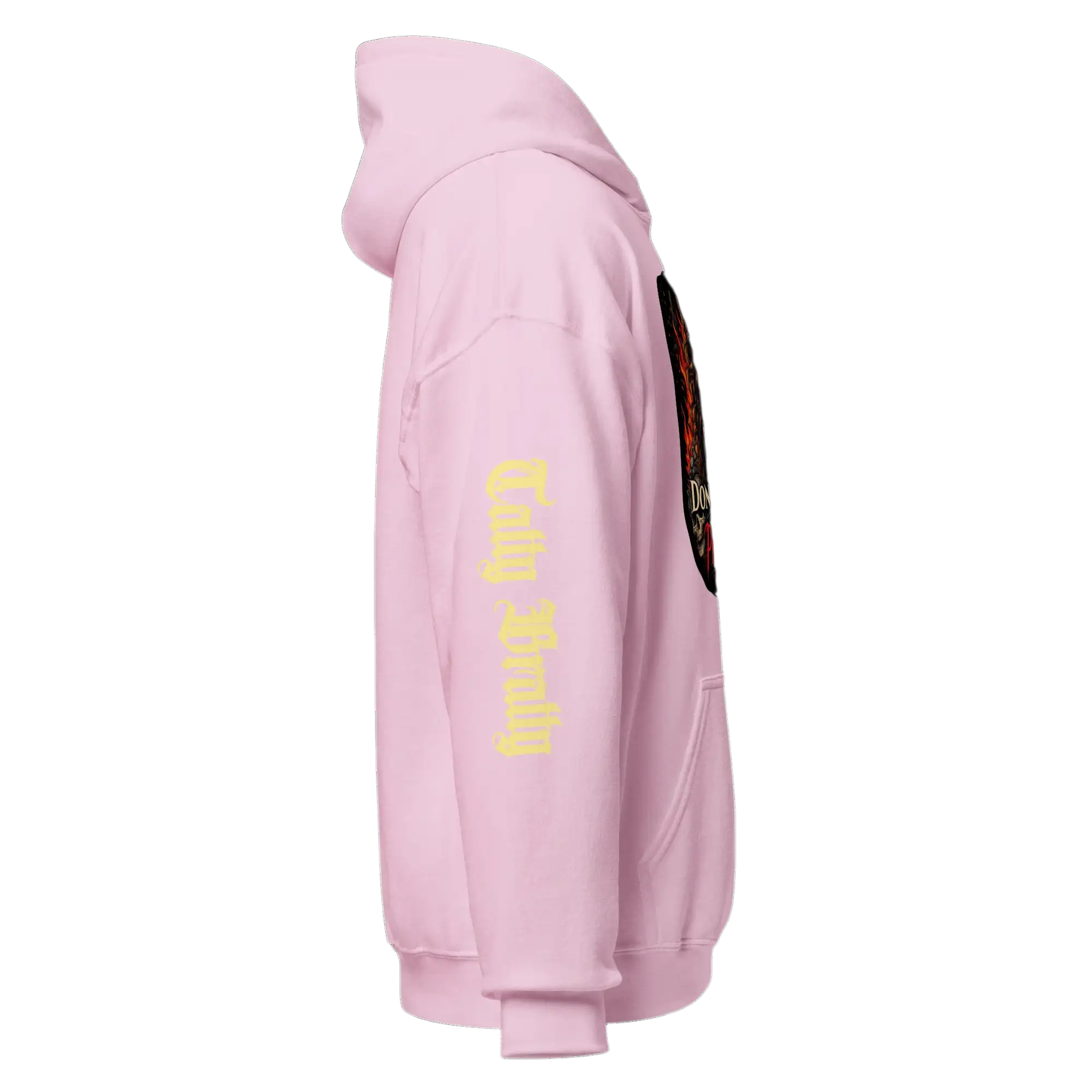 Pink hooded sweatshirt.