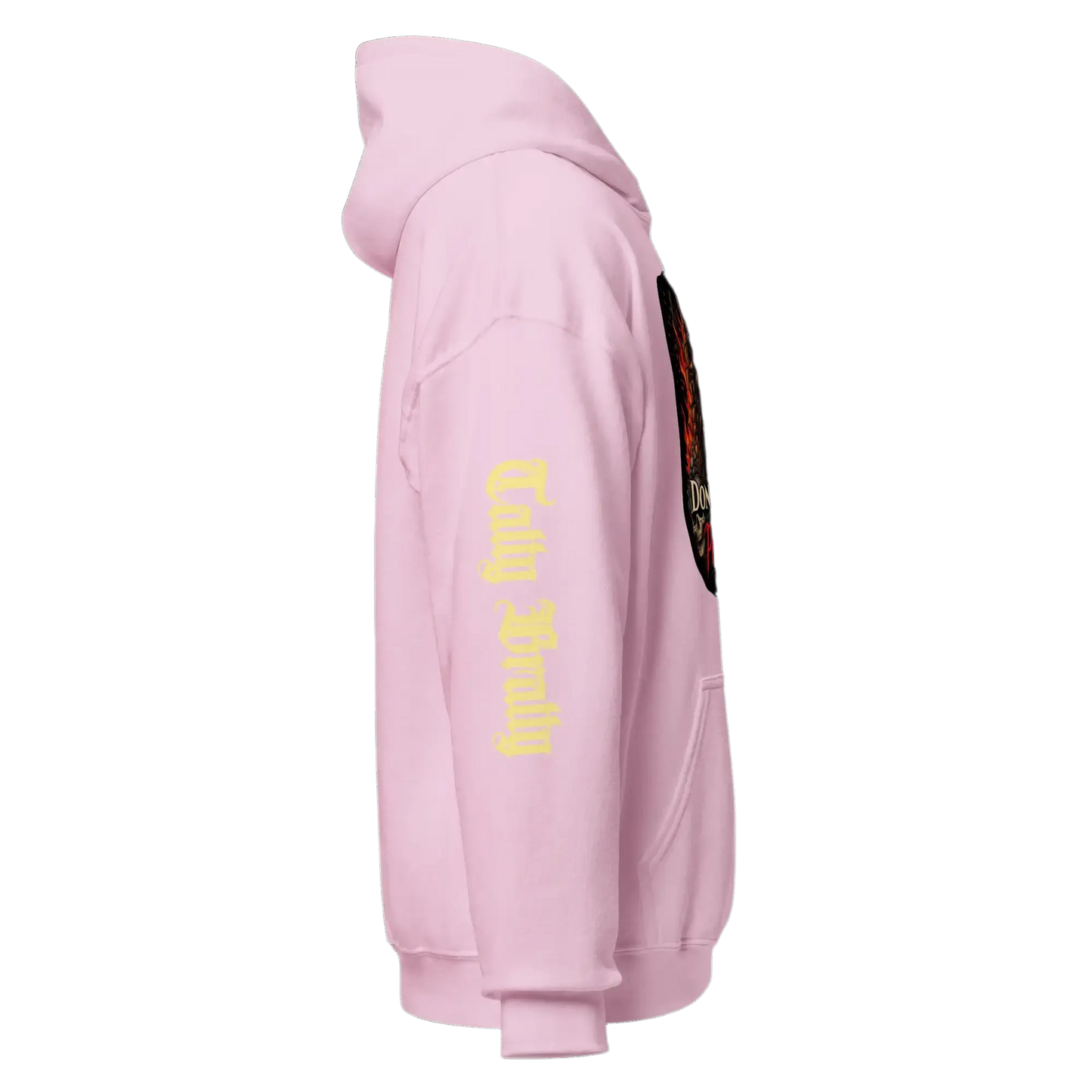 Pink hooded sweatshirt.
