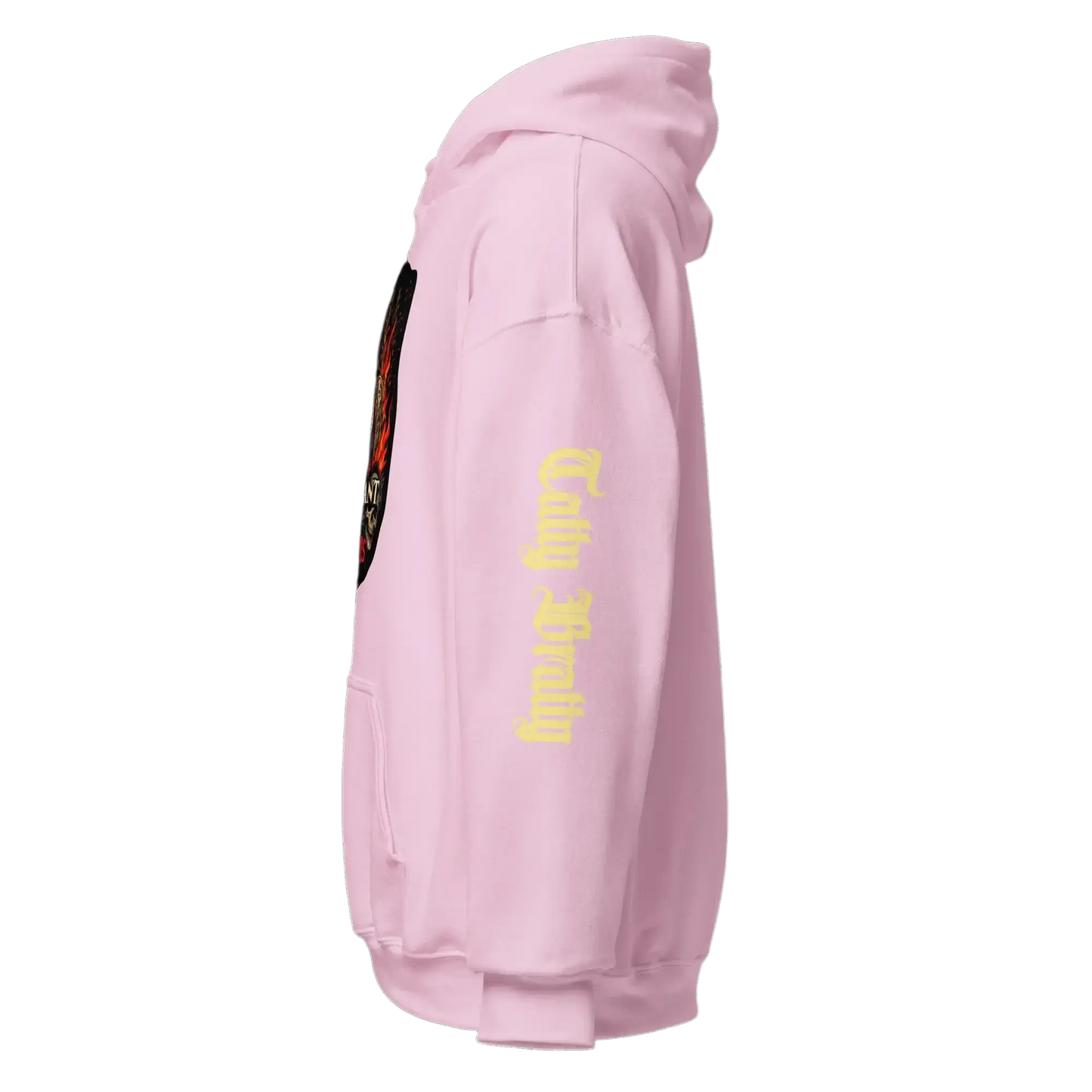 Pink hoodie with sleeve design.