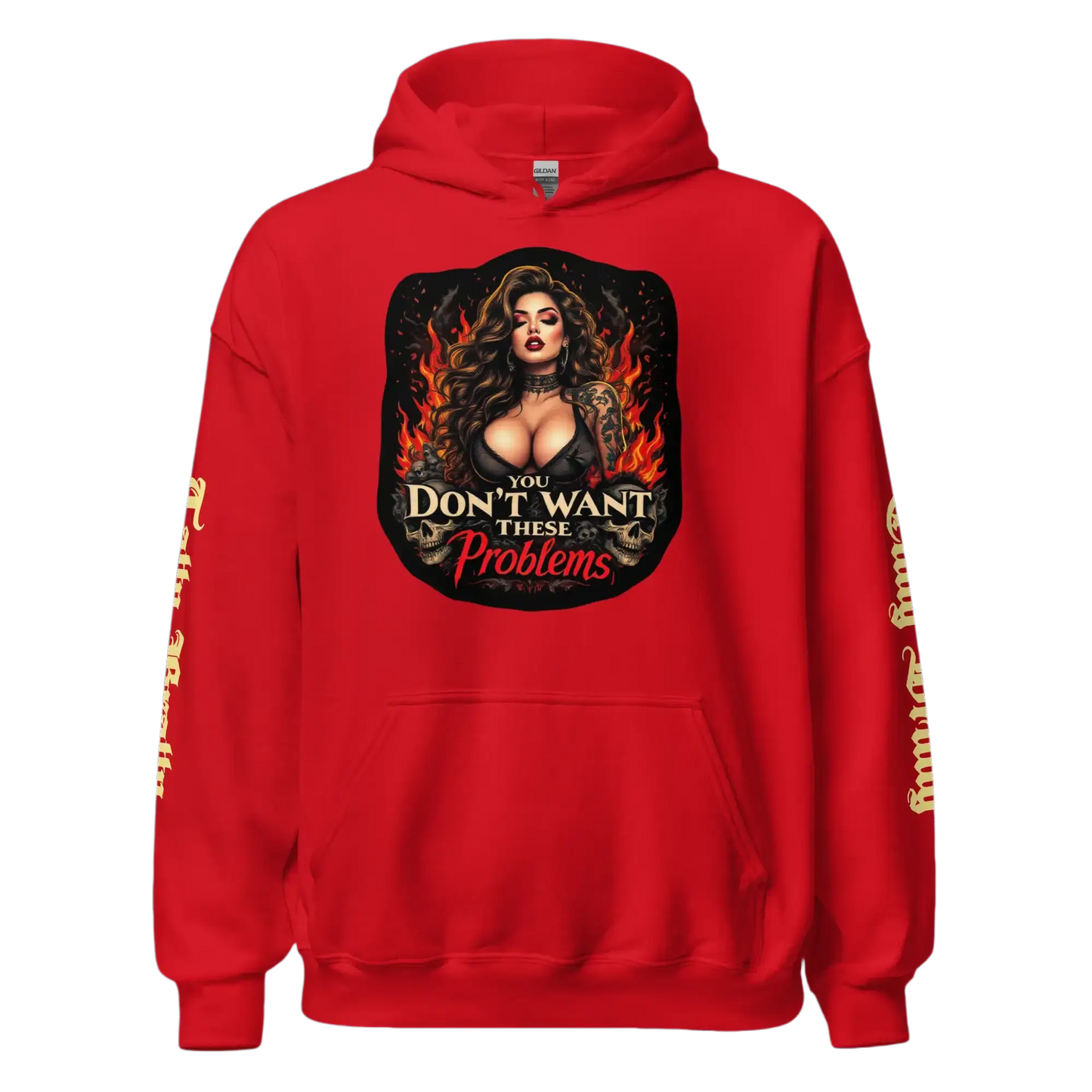 Red hoodie with a woman and flames graphic.