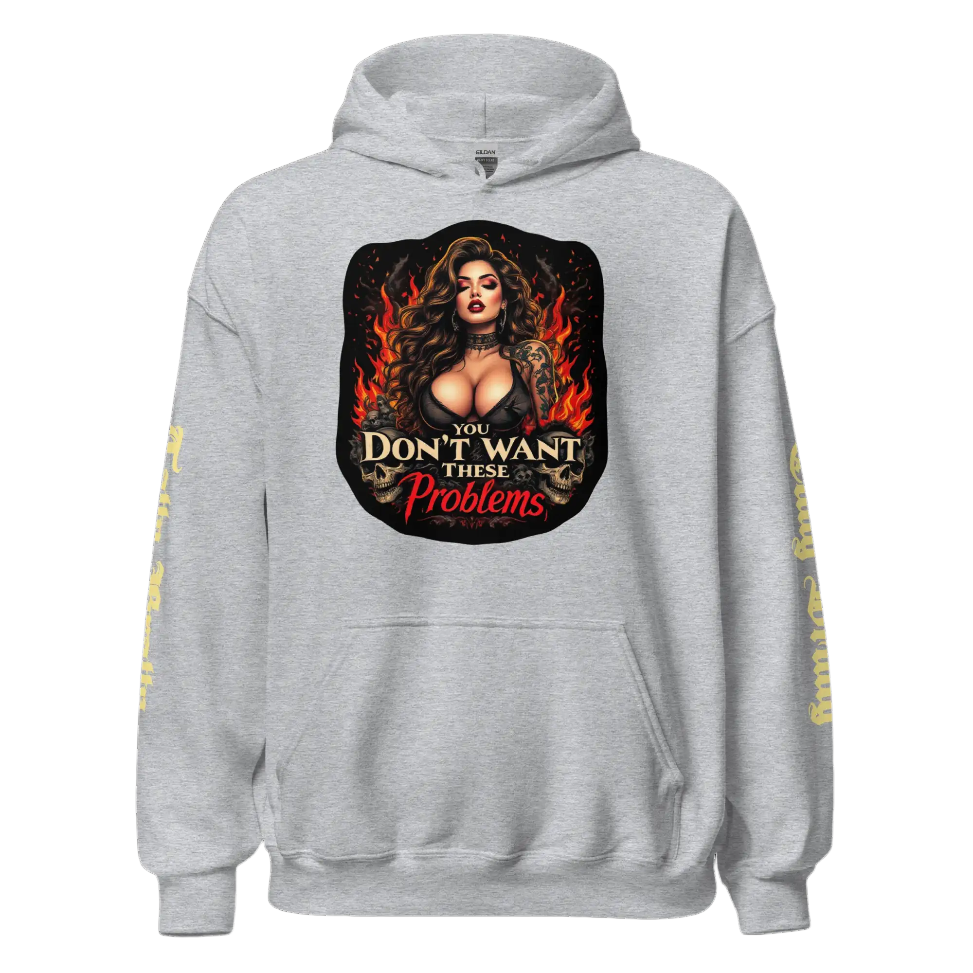 Gray hoodie with a provocative graphic.