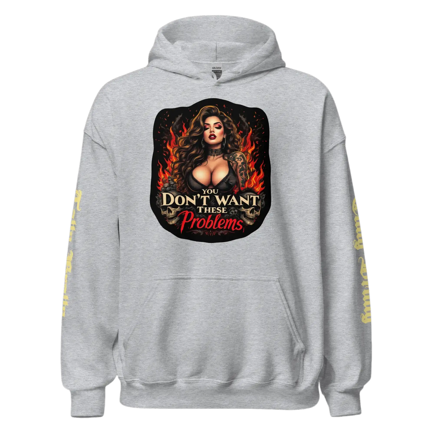 Gray hoodie with a provocative graphic.