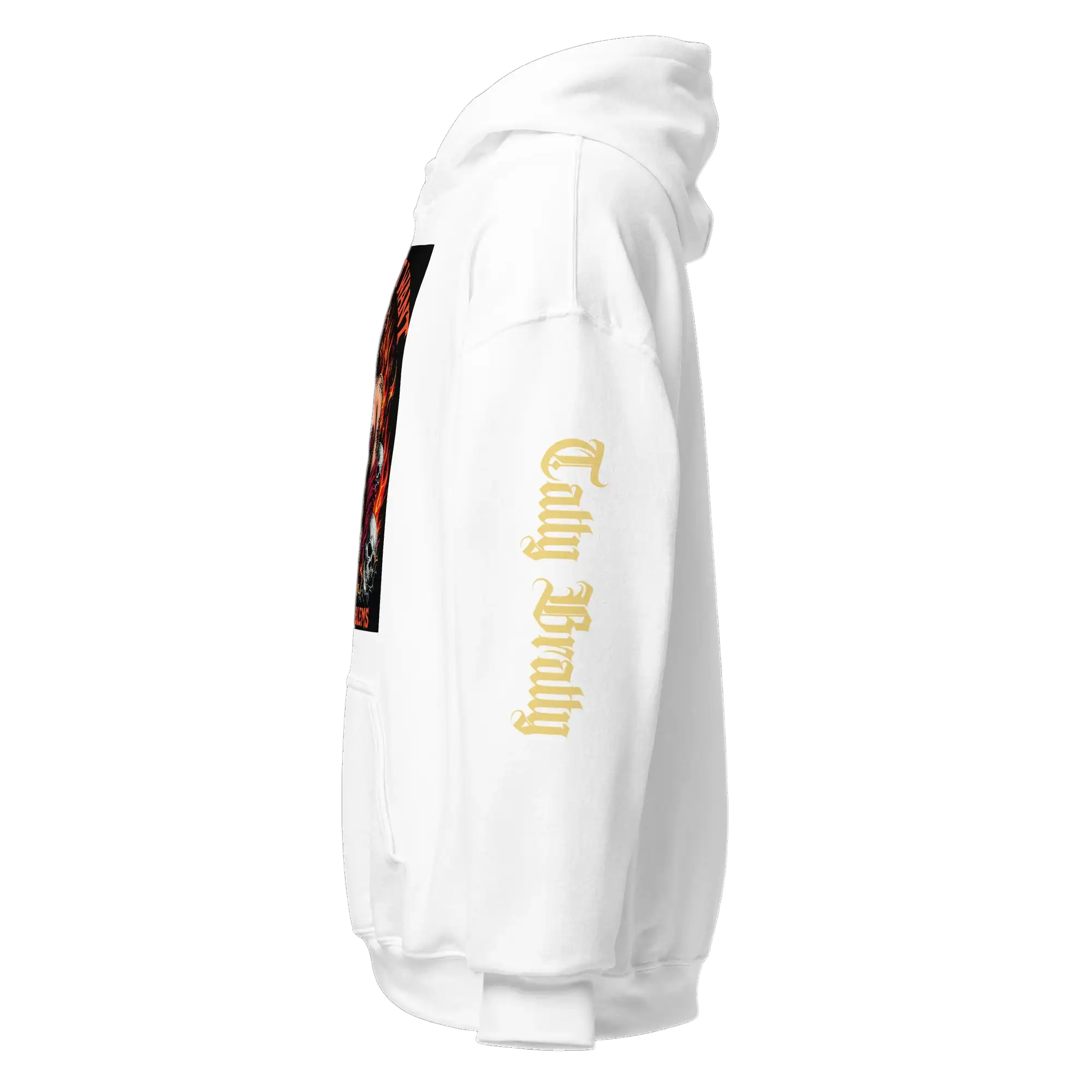 White hoodie with sleeve text.