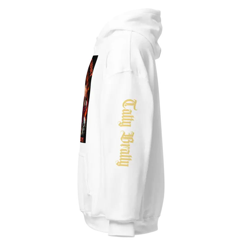 White hoodie with sleeve text.
