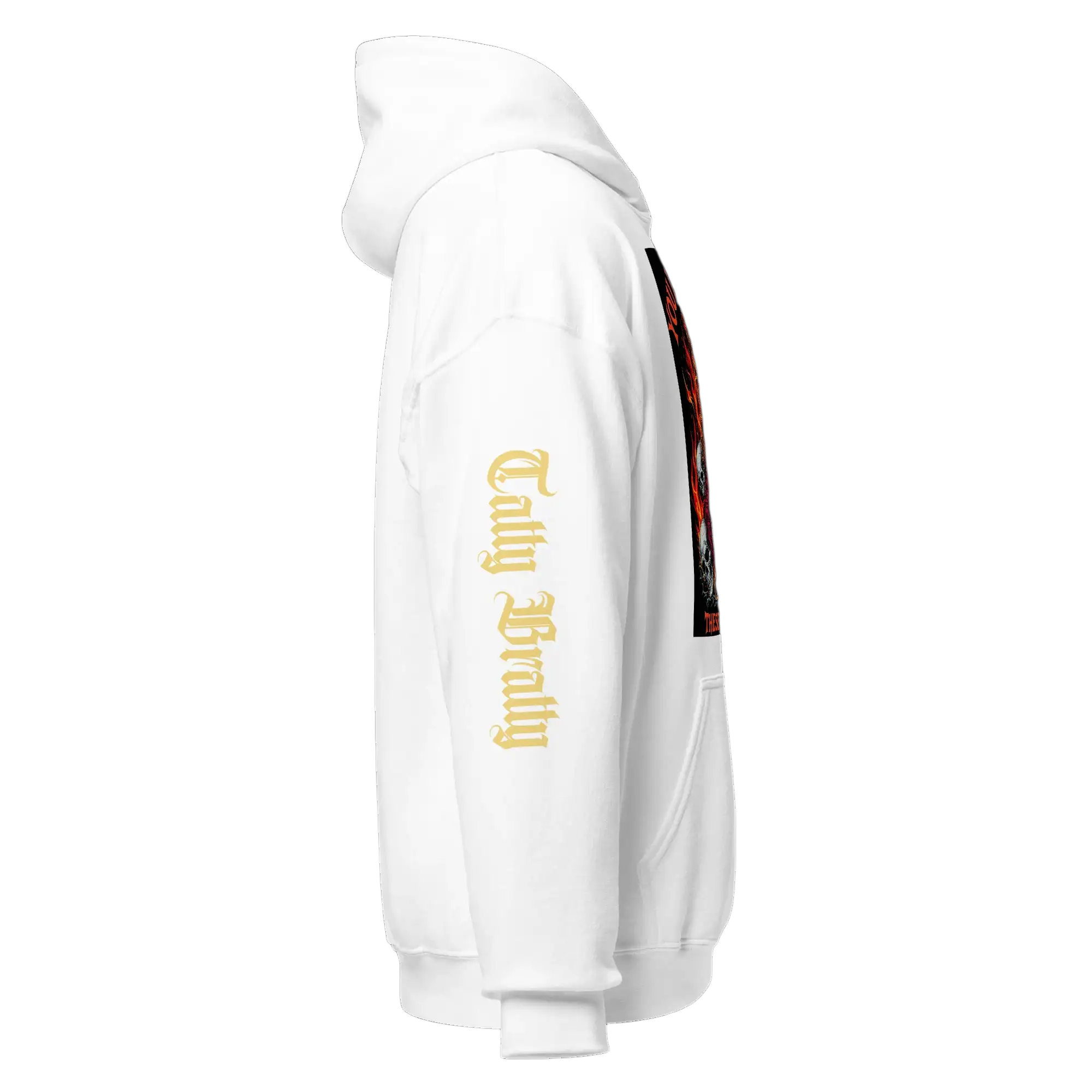 White hoodie with sleeve text.