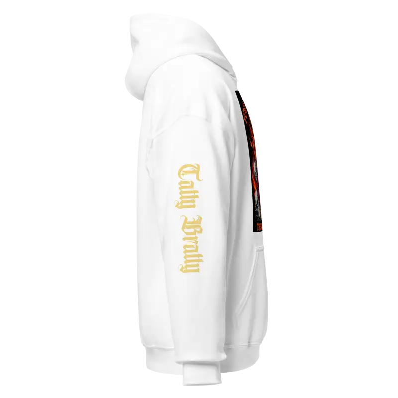 White hoodie with sleeve text.